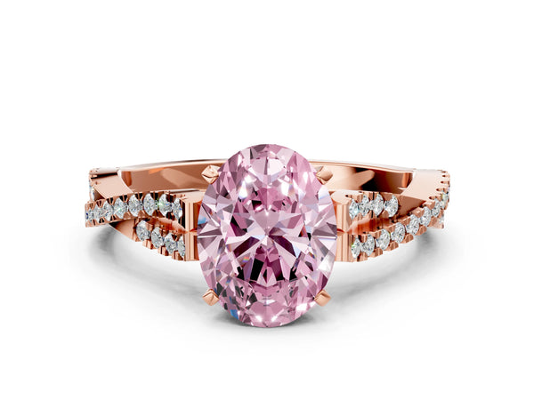 Rose gold Fancy Pink Oval Cut Diamond Solitaire Engagement Ring with Twisted Pavé Band and Four-Prong Setting