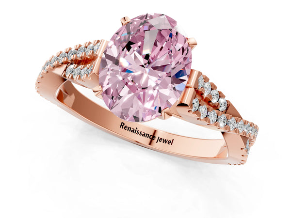 Rose gold Fancy Pink Oval Cut Diamond Solitaire Engagement Ring with Twisted Pavé Band and Four-Prong Setting