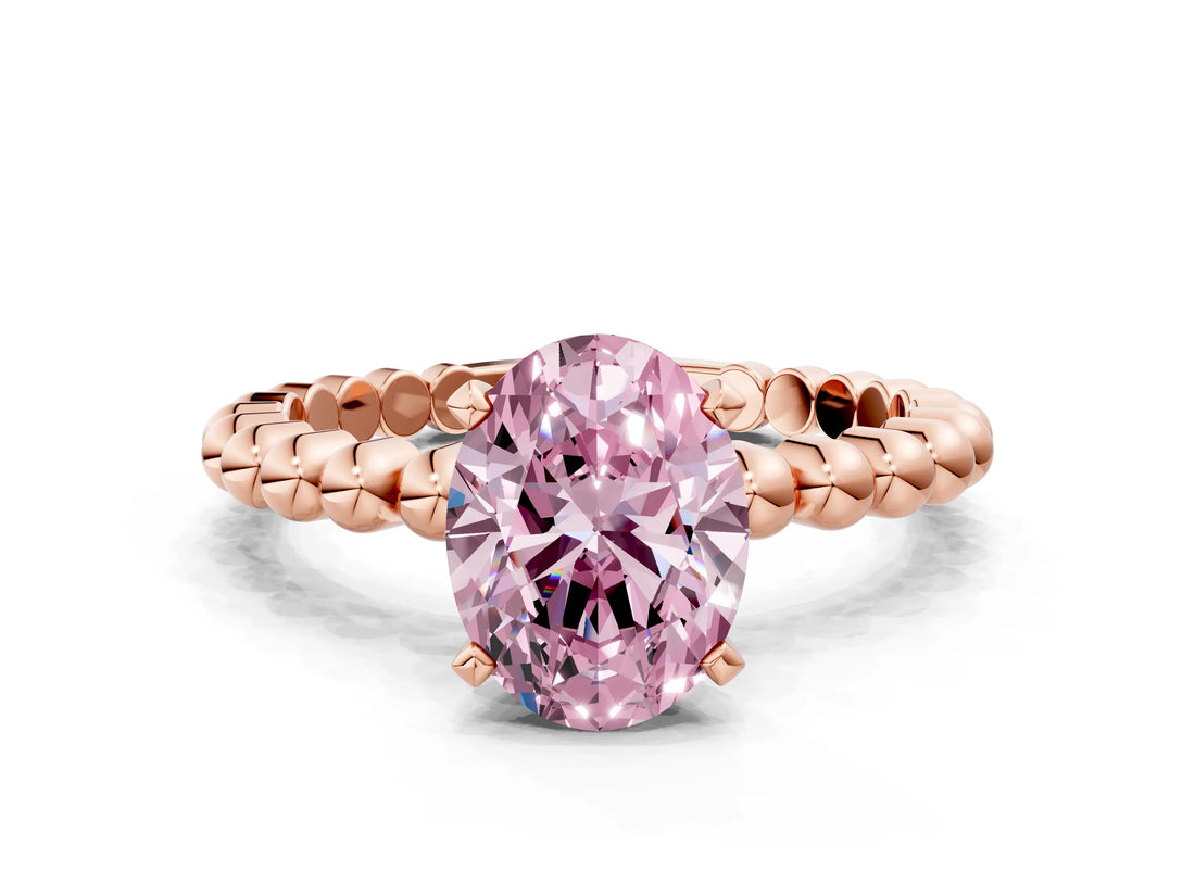 Rose gold Fancy Pink Oval Cut Diamond Solitaire Ring with Beaded Band and Prong Setting_290