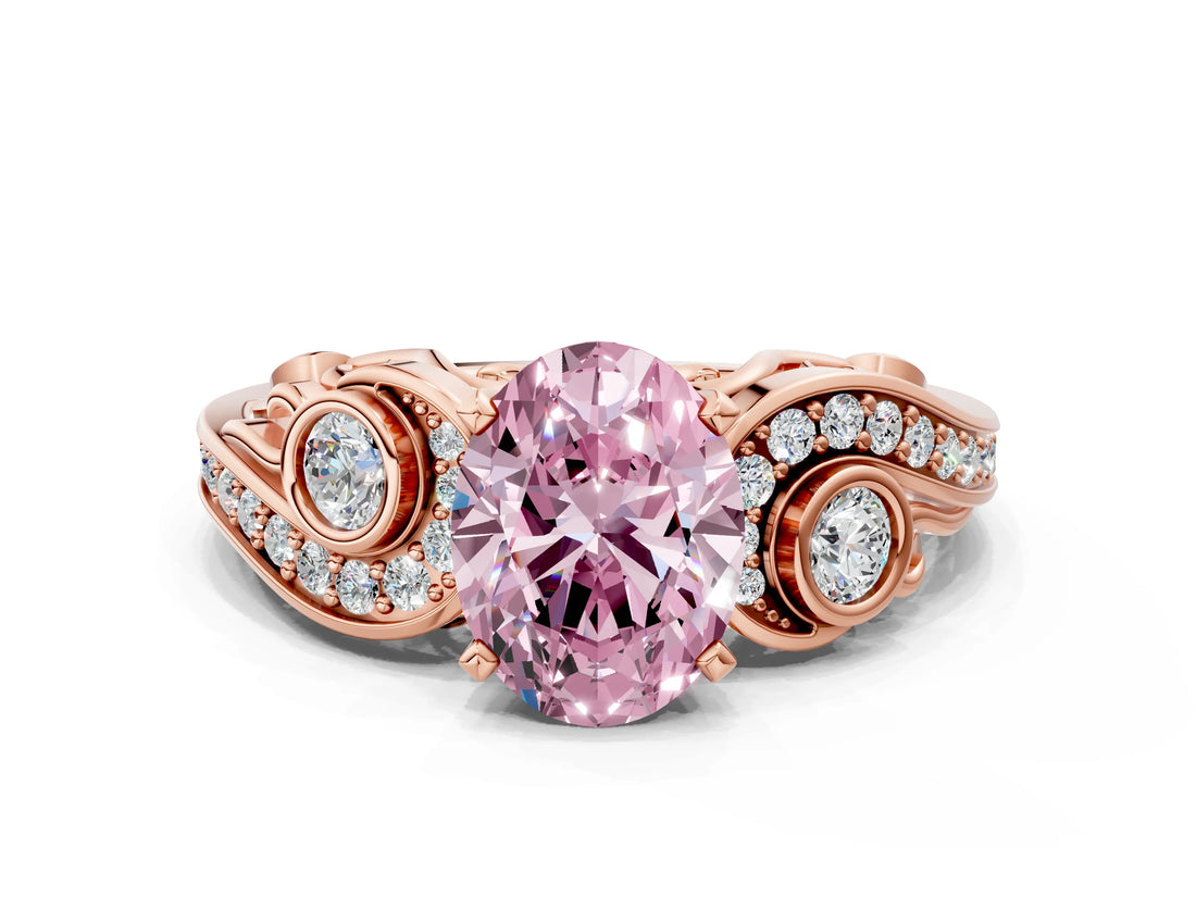 Rose gold Fancy Pink Oval Cut Diamond Solitaire Ring with Milgrain Pavé Band and Four-Prong Setting_172