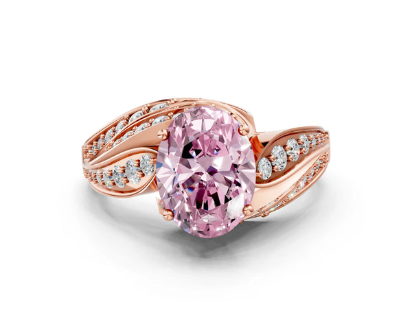 Rose gold Fancy Pink Oval Cut Diamond Solitaire Ring with Prong Setting and Twisted Pavé Band