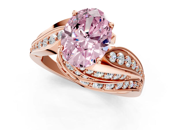 Rose gold Fancy Pink Oval Cut Diamond Solitaire Ring with Prong Setting and Twisted Pavé Band