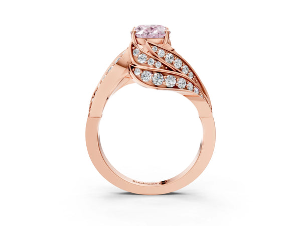 Rose gold Fancy Pink Oval Cut Diamond Solitaire Ring with Prong Setting and Twisted Pavé Band