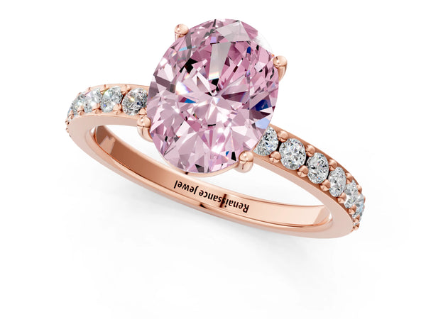 Rose gold Fancy Pink Oval  Cut Diamond Solitaire with Pave Band and Four-Prong Setting