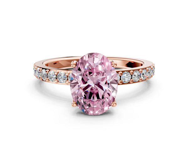 Rose gold Fancy Pink Oval  Cut Diamond Solitaire with Pave Band and Four-Prong Setting