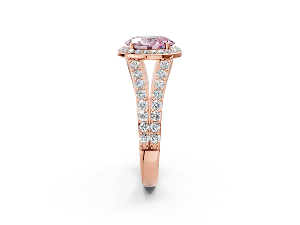 Rose Gold Oval Halo Engagement Ring Setting for Fancy Pink Center with Narrow Pave Split Shank