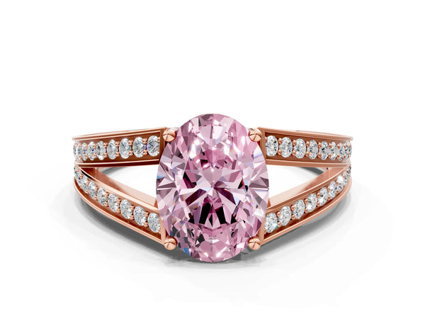 Rose Gold Oval Pave Split Shank Engagement Ring Setting for Fancy Pink Center with Engraved Sides