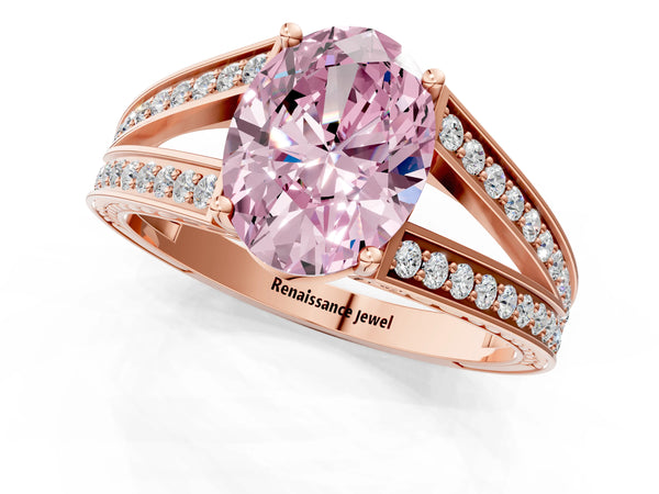 Rose Gold Oval Pave Split Shank Engagement Ring Setting for Fancy Pink Center with Engraved Sides
