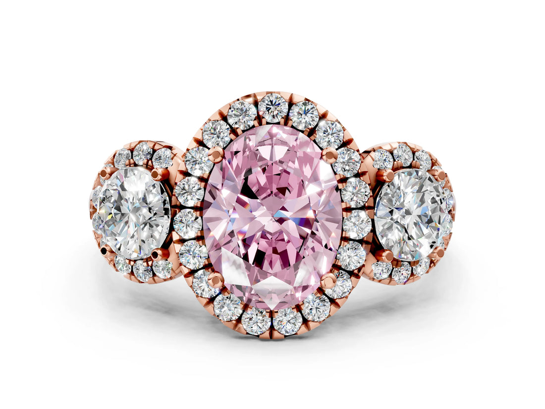 Rose gold Fancy Pink Oval Cut Diamond Three-Stone Halo Ring with Prong Setting and Pavé Accents