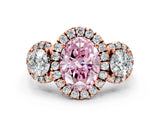 Rose gold Fancy Pink Oval Cut Diamond Three-Stone Halo Ring with Prong Setting and Pavé Accents