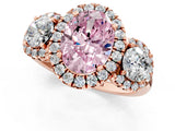 Rose gold Fancy Pink Oval Cut Diamond Three-Stone Halo Ring with Prong Setting and Pavé Accents_1