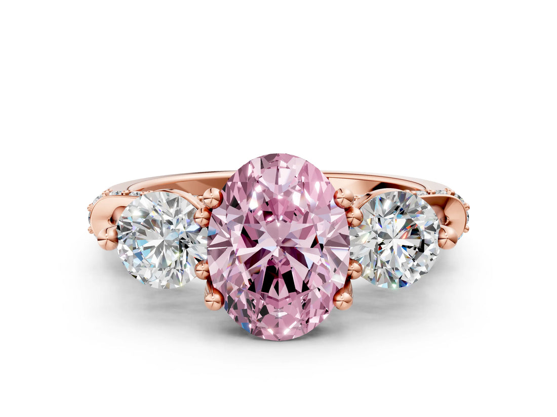 Rose gold Fancy Pink Oval Cut Diamond Three-Stone Ring with Prong Setting and Pavé Band