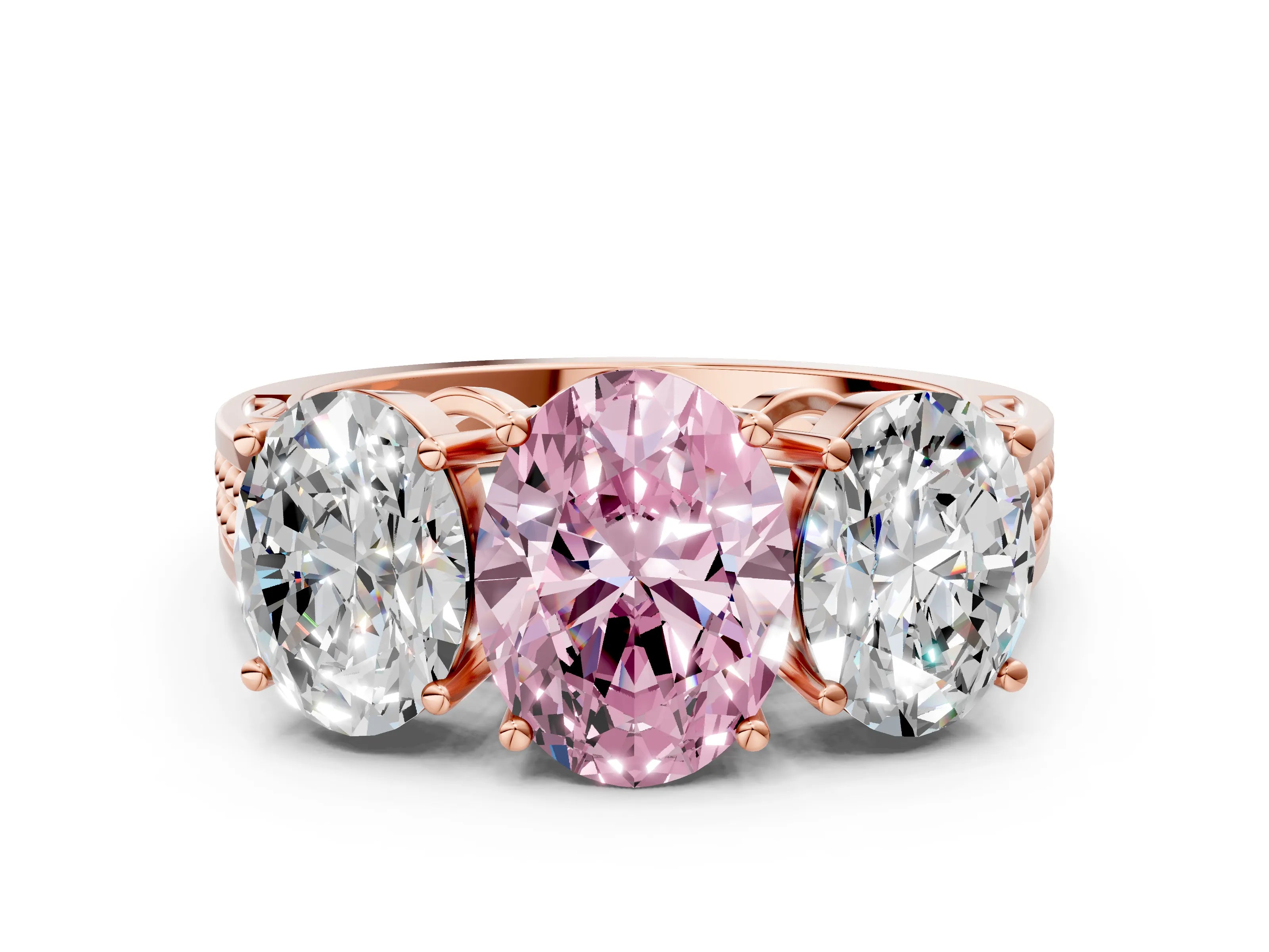 Rose gold Fancy Pink Oval Cut Diamond Three-Stone Ring with Prong Setting and Textured Band