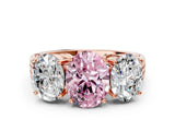 Rose gold Fancy Pink Oval Cut Diamond Three-Stone Ring with Prong Setting and Textured Band