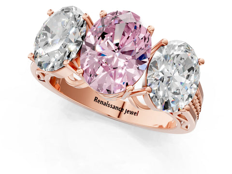Rose gold Fancy Pink Oval Cut Diamond Three-Stone Ring with Prong Setting and Textured Band_1