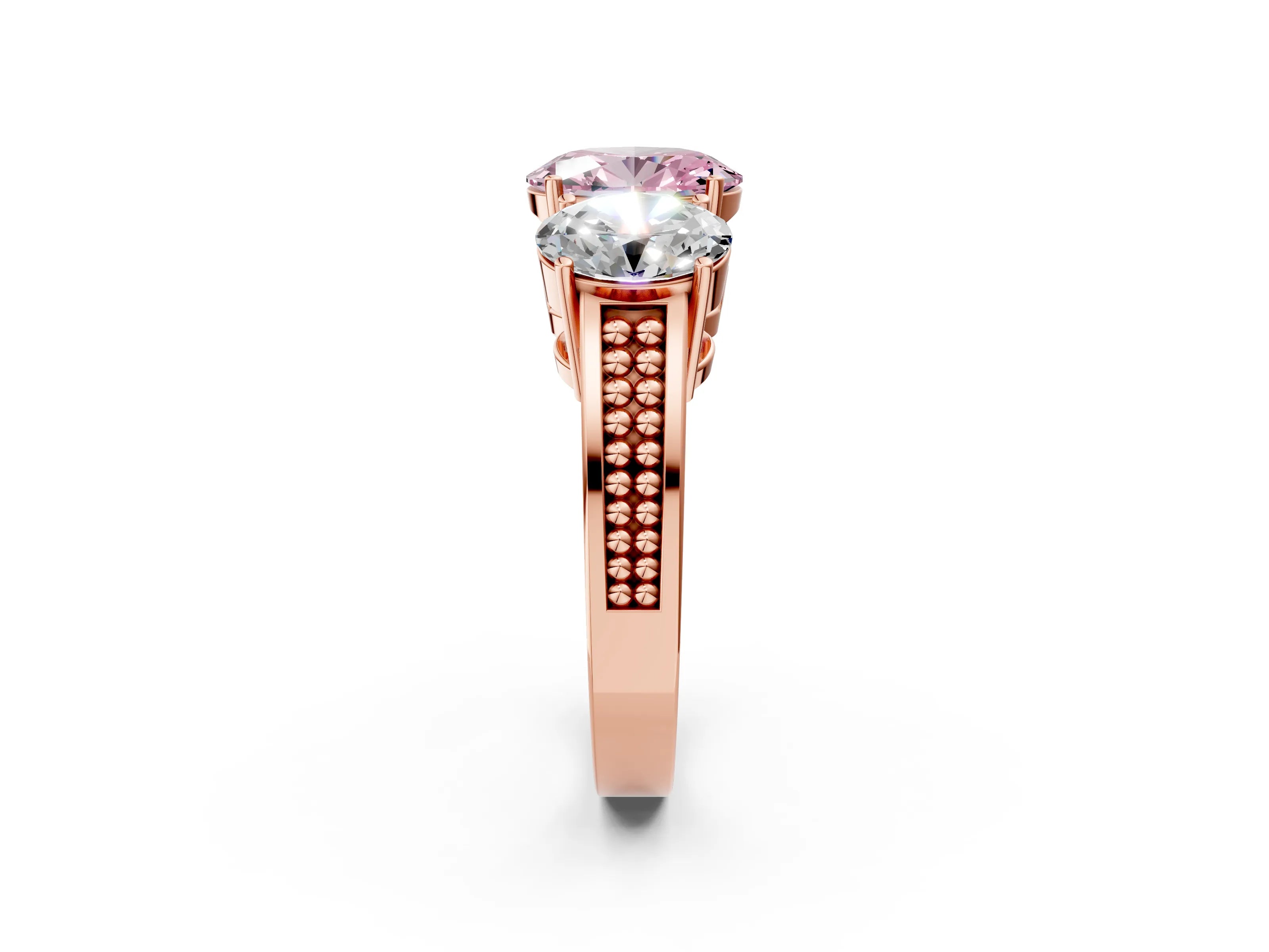 Rose gold Fancy Pink Oval Cut Diamond Three-Stone Ring with Prong Setting and Textured Band_2
