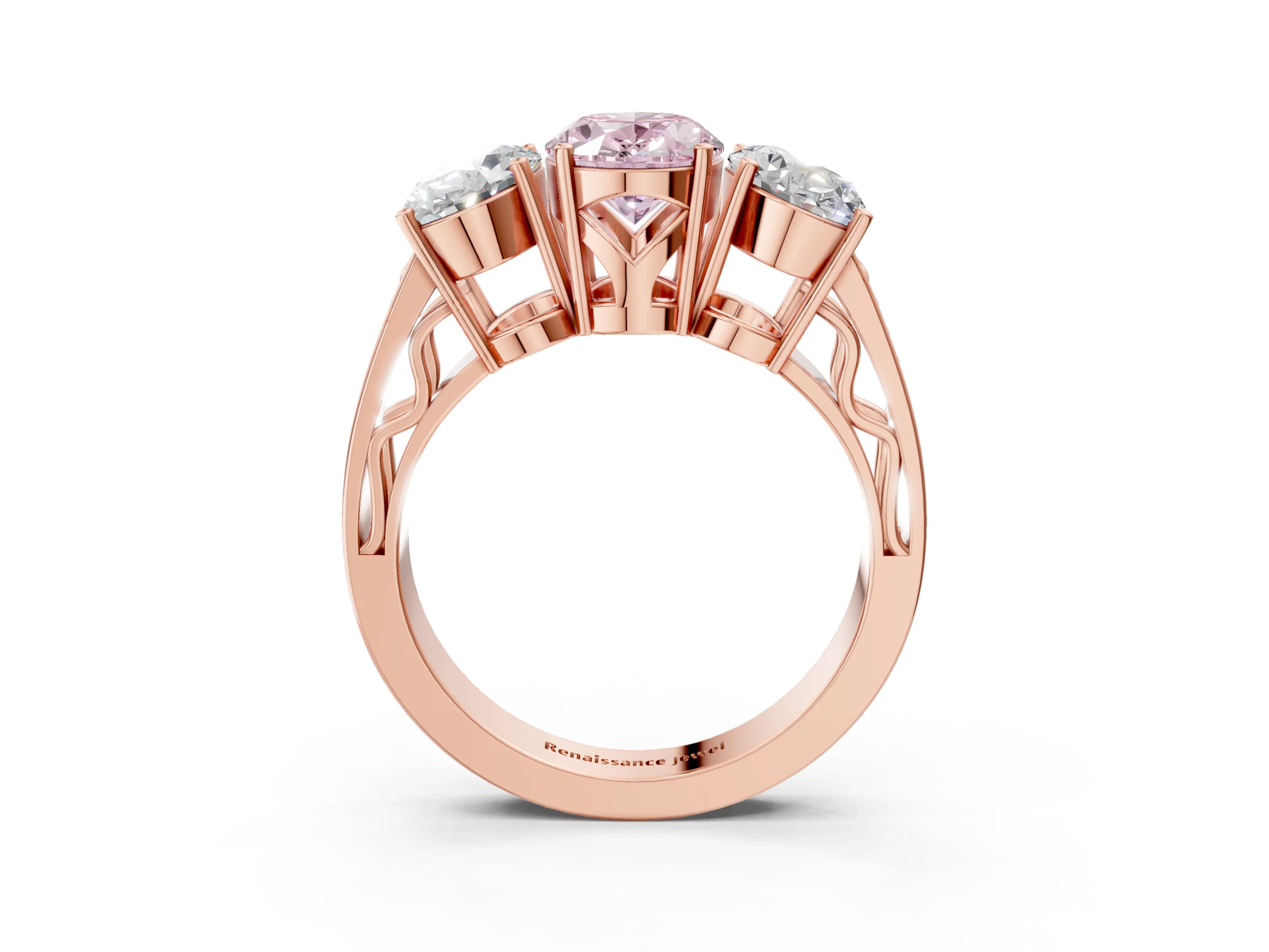 Rose gold Fancy Pink Oval Cut Diamond Three-Stone Ring with Prong Setting and Textured Band_3