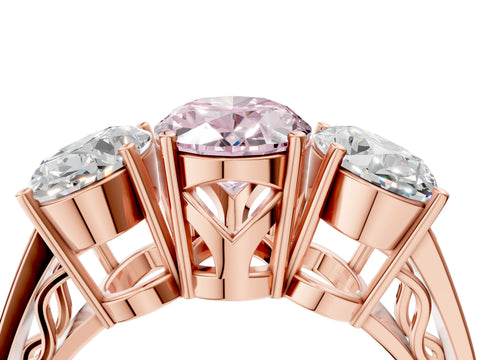 Rose gold Fancy Pink Oval Cut Diamond Three-Stone Ring with Prong Setting and Textured Band_4