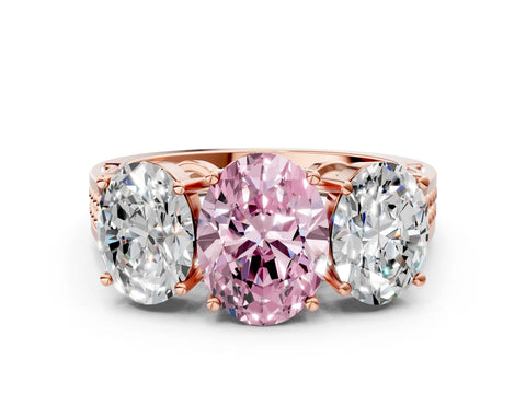Rose gold Fancy Pink Oval Cut Diamond Three-Stone Ring with Prong Setting and Textured Band