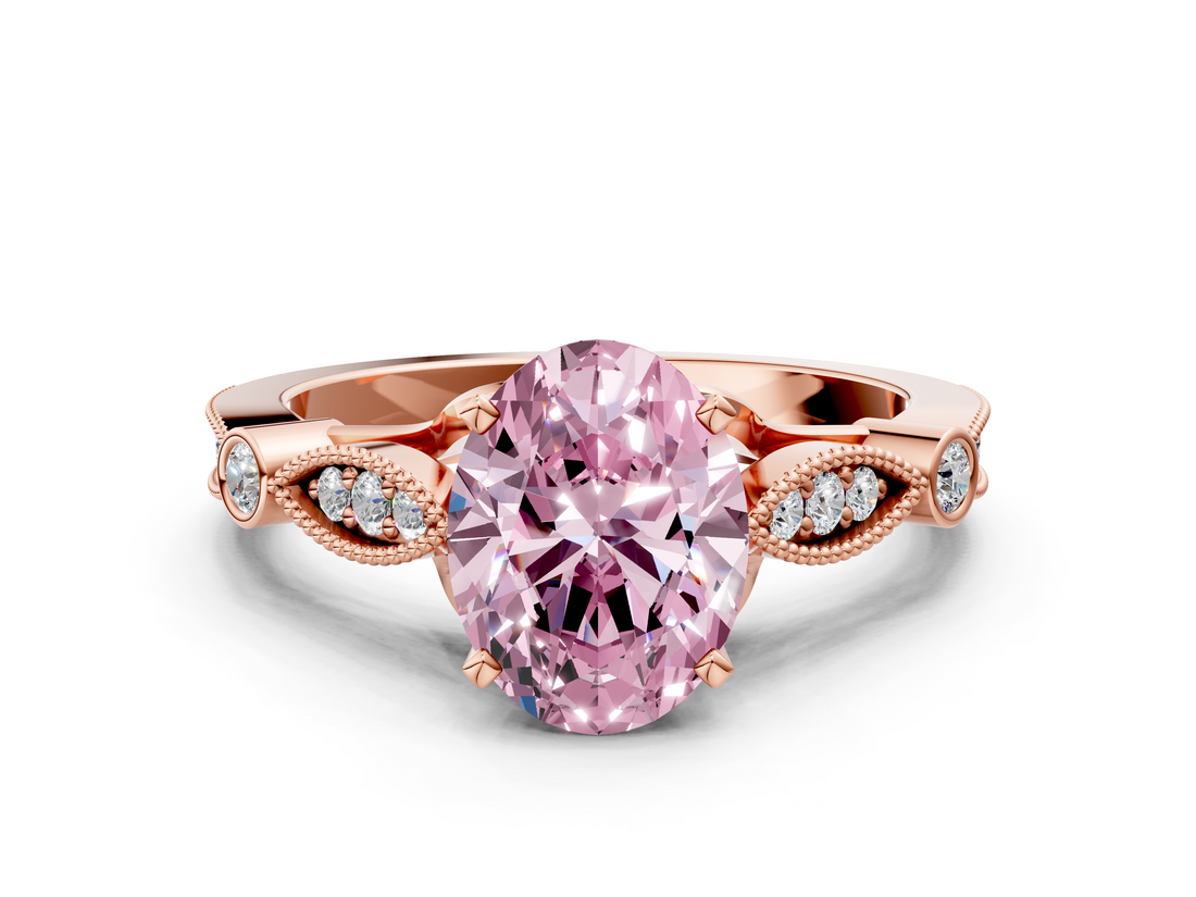 Rose gold Fancy Pink Oval  Cut Diamond with Milgrain Marquise and Bezel Accents on a Solitaire Band with Prong Setting_213