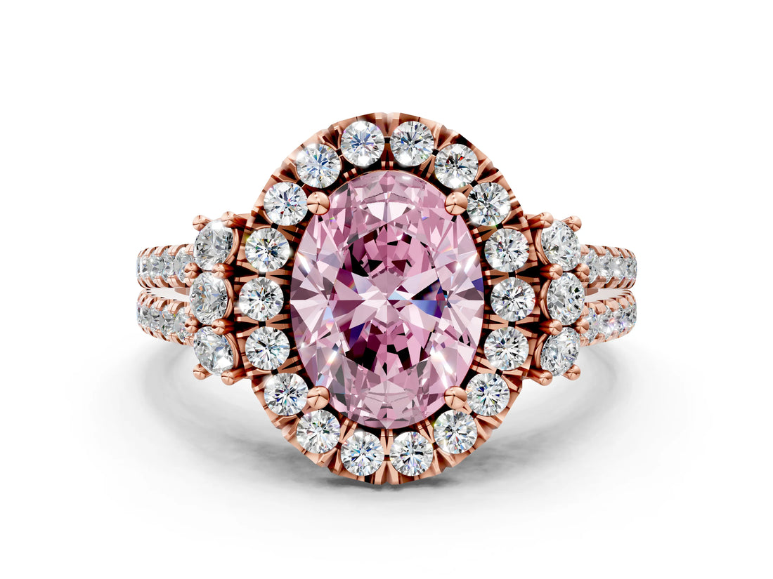 Rose gold Fancy Pink Oval  Cut Double Halo Diamond Engagement Ring with Pave Band and Four-Prong Setting_43