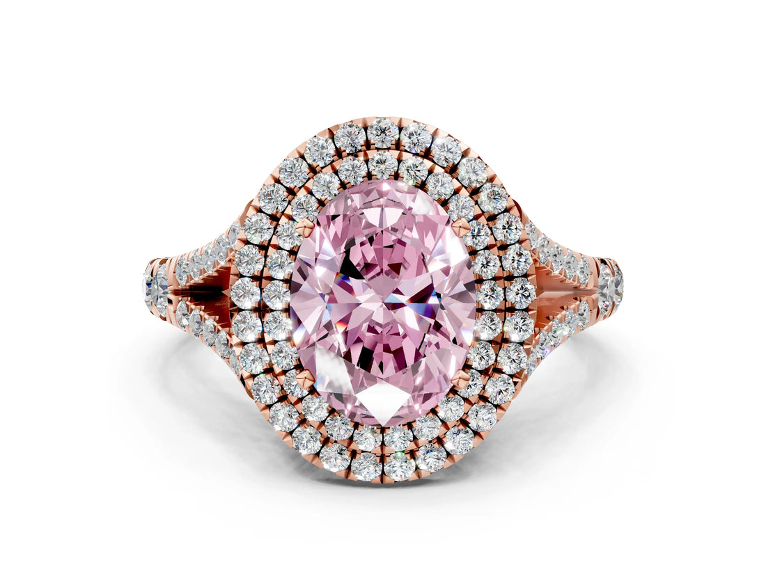 Rose gold Fancy Pink Oval  Cut Double Halo Split Shank Diamond Ring with Prong Setting_48