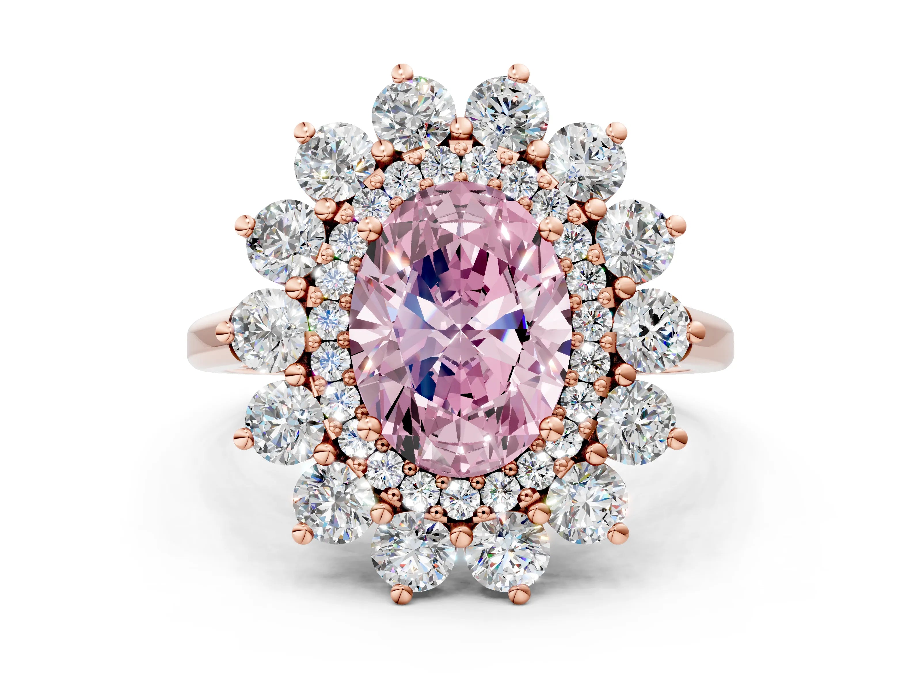 Rose gold Fancy Pink Oval Cut Halo Cluster Diamond Ring with Pave Band and Four-Prong Setting