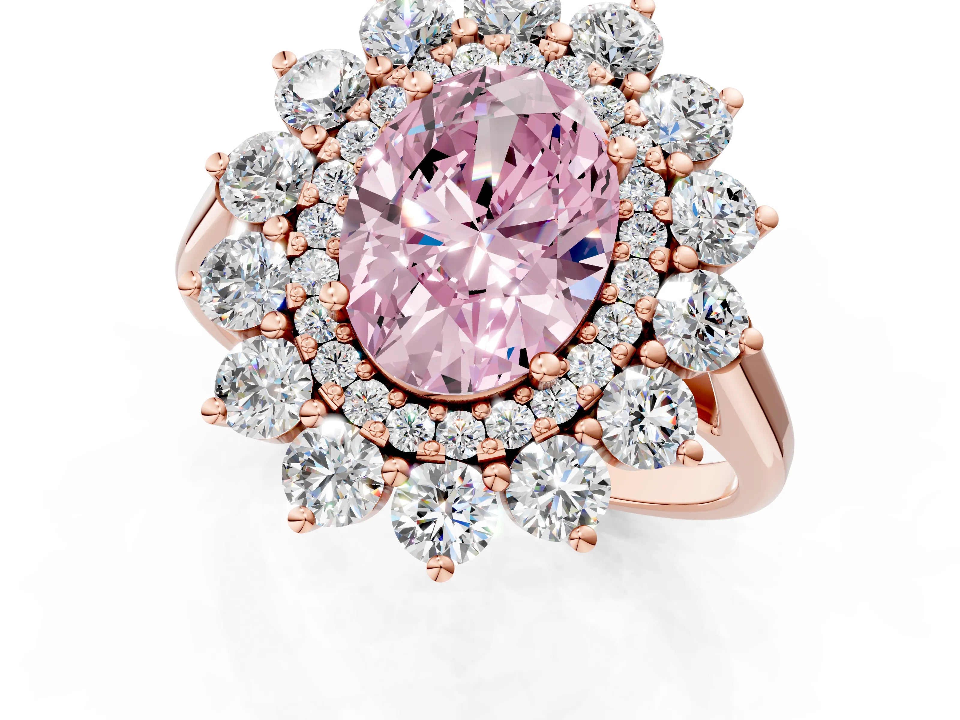 Rose gold Fancy Pink Oval Cut Halo Cluster Diamond Ring with Pave Band and Four-Prong Setting_1