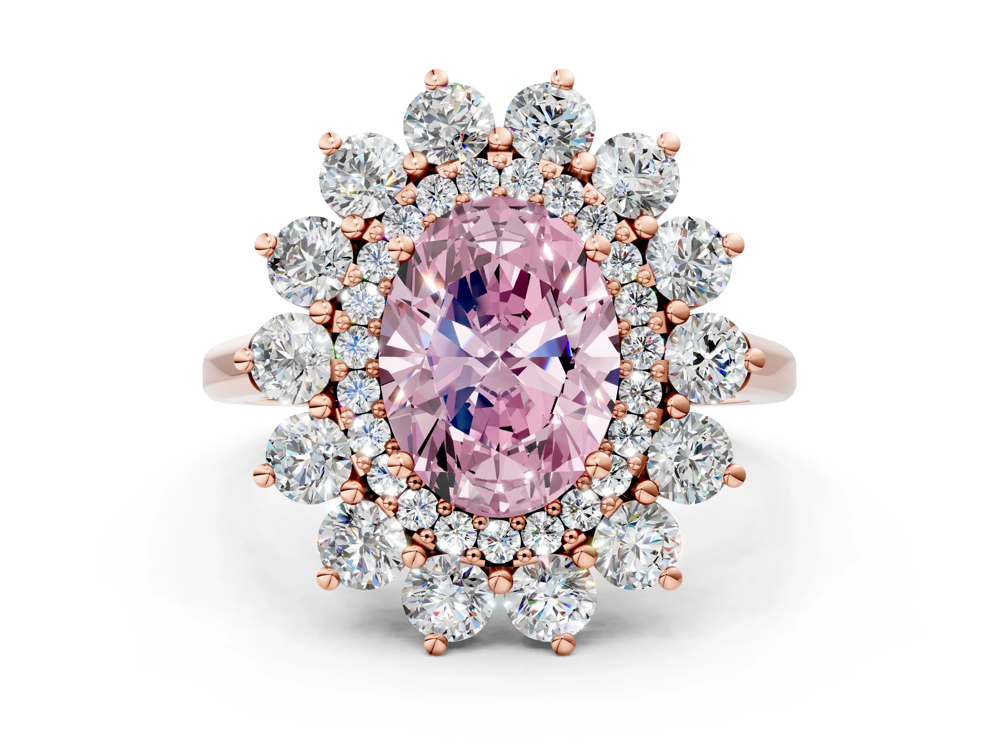 Rose gold Fancy Pink Oval Cut Halo Cluster Diamond Ring with Pave Band and Four-Prong Setting_12