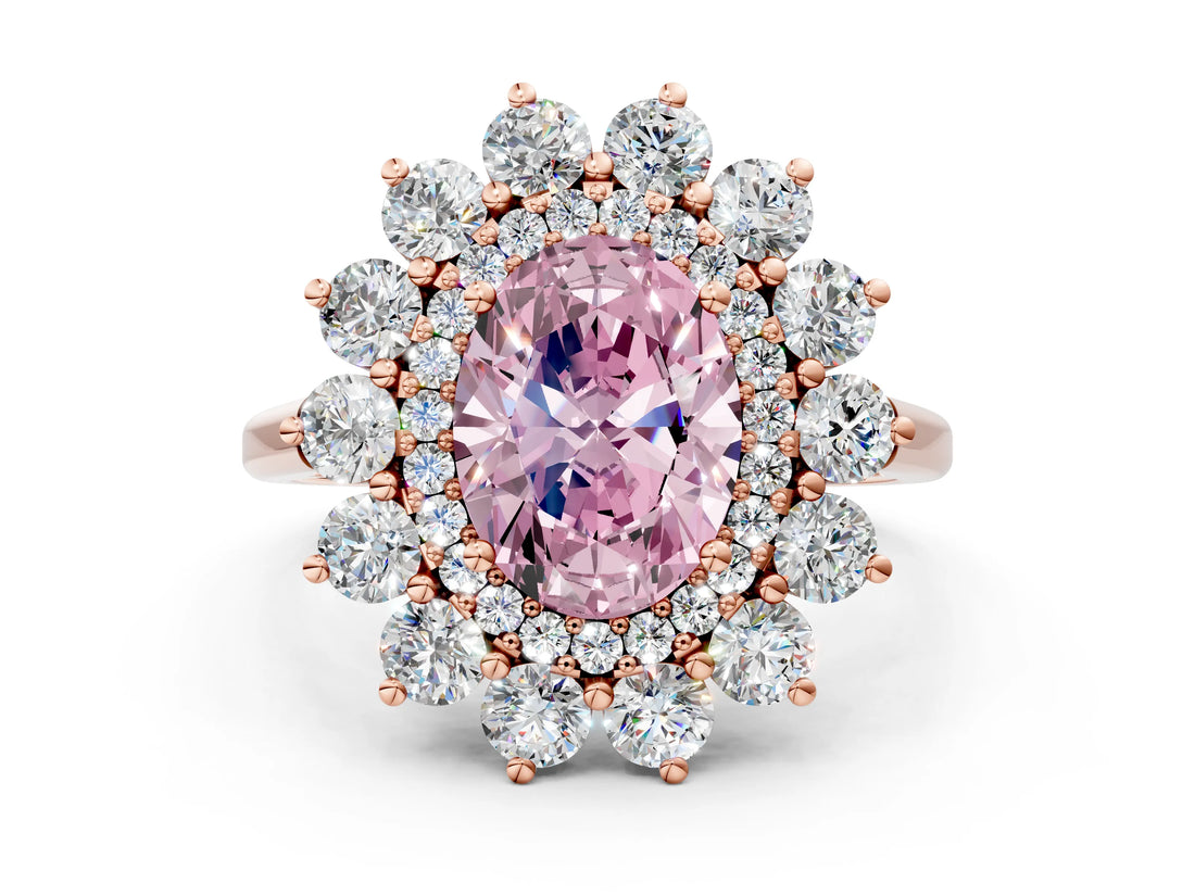 Rose gold Fancy Pink Oval Cut Halo Cluster Diamond Ring with Pave Band and Four-Prong Setting_12