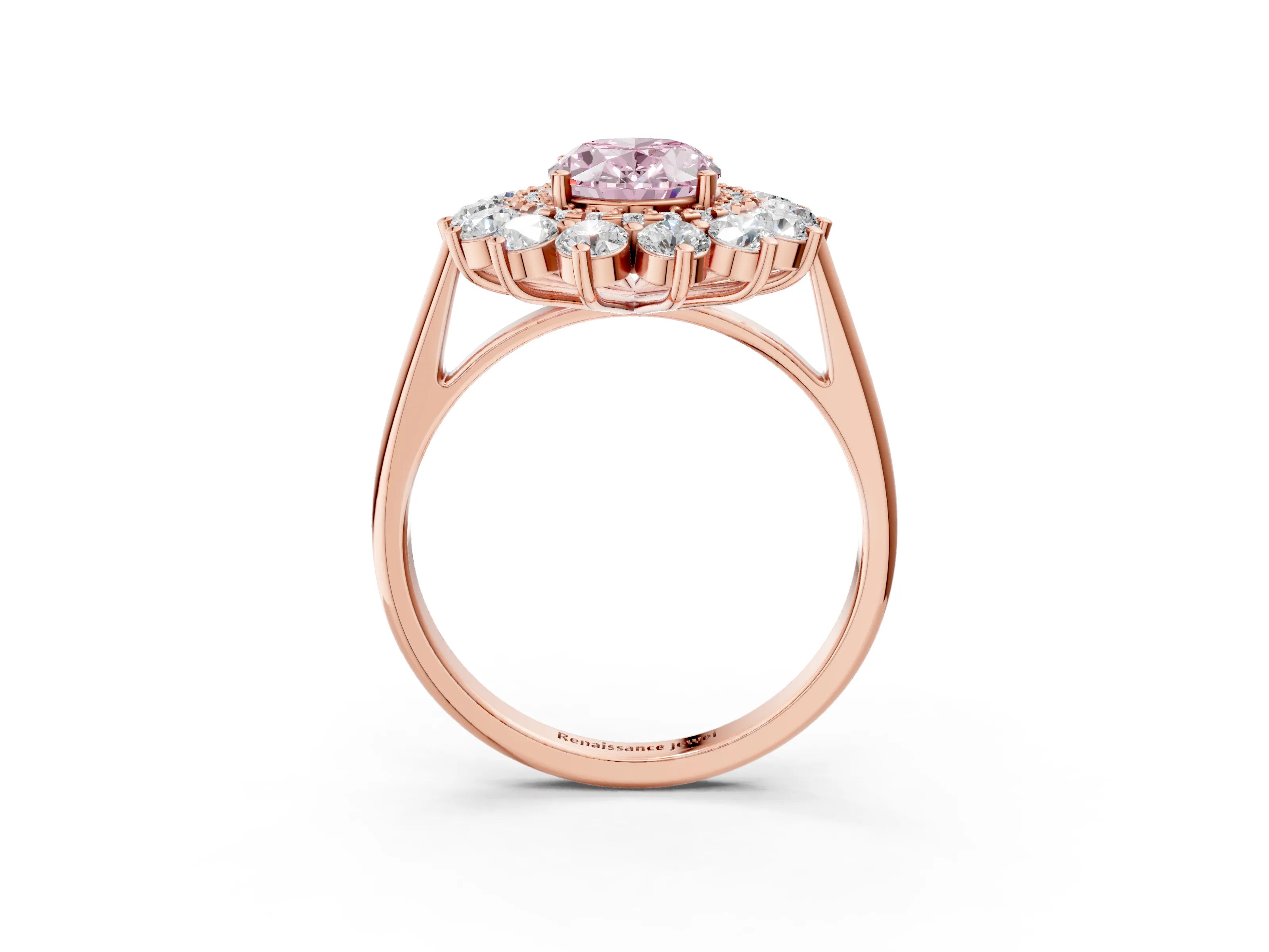 Rose gold Fancy Pink Oval Cut Halo Cluster Diamond Ring with Pave Band and Four-Prong Setting_15