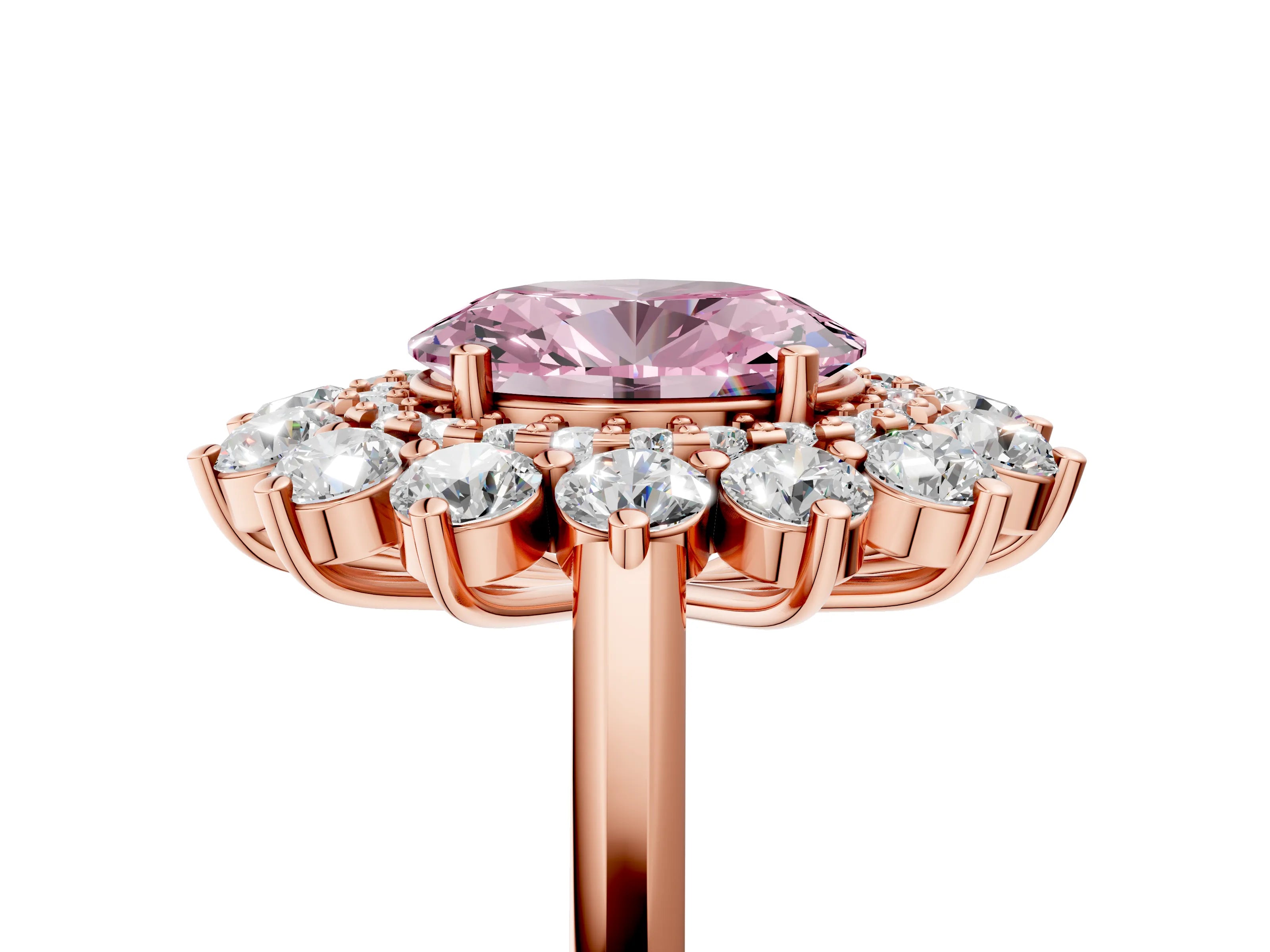 Rose gold Fancy Pink Oval Cut Halo Cluster Diamond Ring with Pave Band and Four-Prong Setting_17
