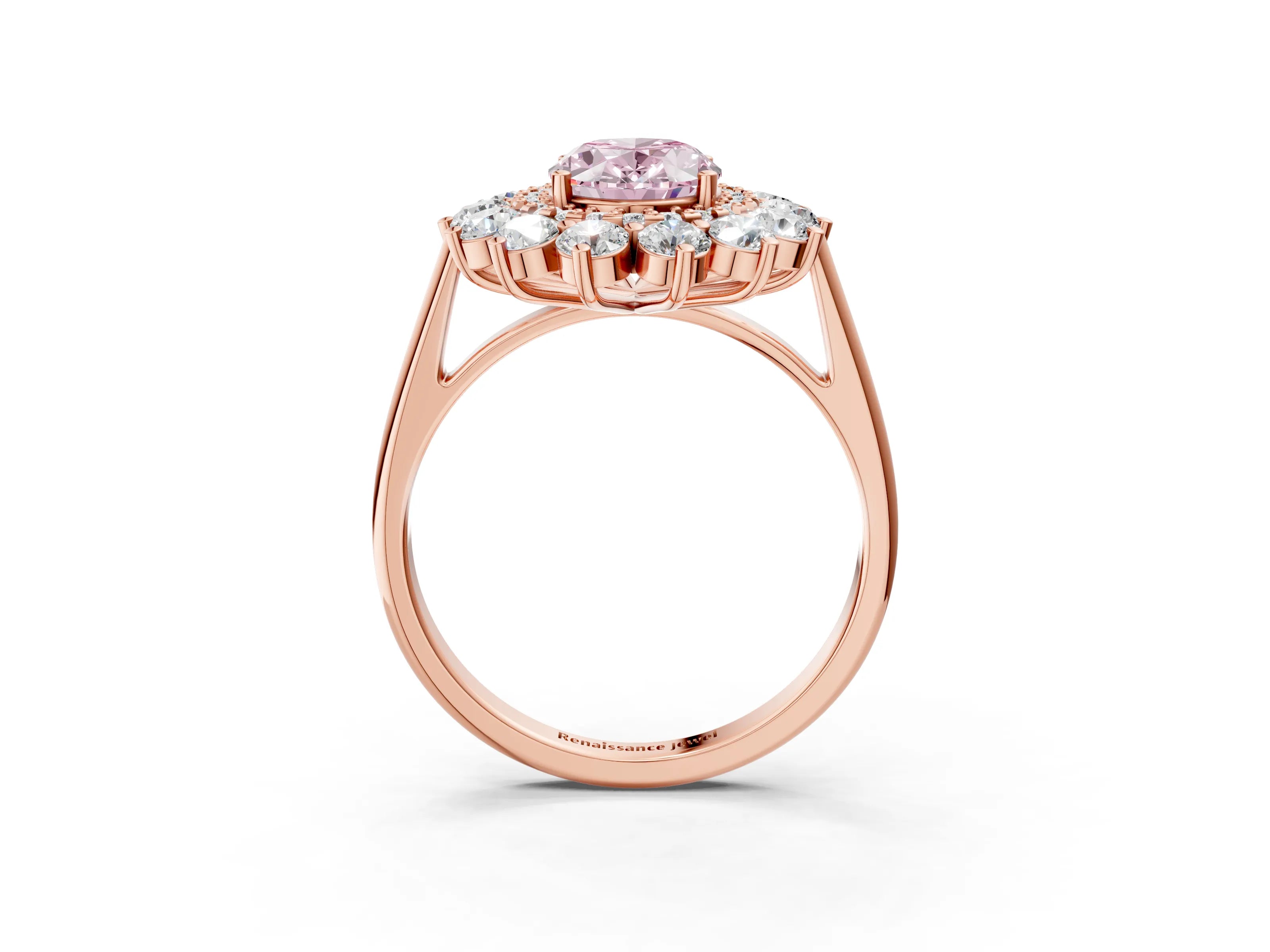Rose gold Fancy Pink Oval Cut Halo Cluster Diamond Ring with Pave Band and Four-Prong Setting_3
