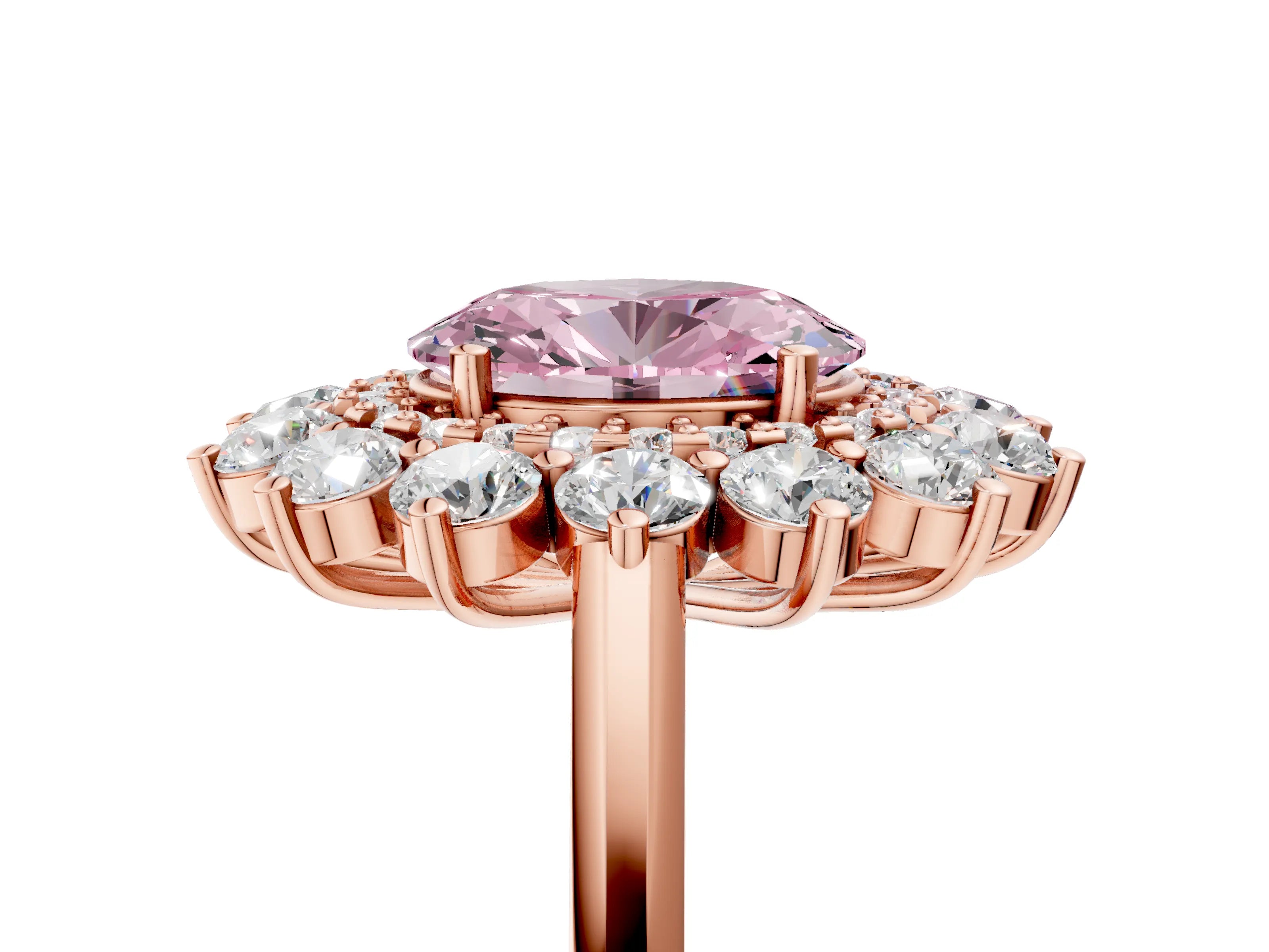 Rose gold Fancy Pink Oval Cut Halo Cluster Diamond Ring with Pave Band and Four-Prong Setting_5