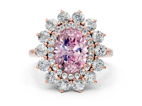 Rose gold Fancy Pink Oval Cut Halo Cluster Diamond Ring with Pave Band and Four-Prong Setting