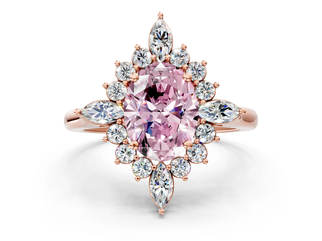 Rose gold Fancy Pink Oval Cut Halo Diamond Cluster Ring with Marquise and Round Stones on a White Gold Band with Prong Setting