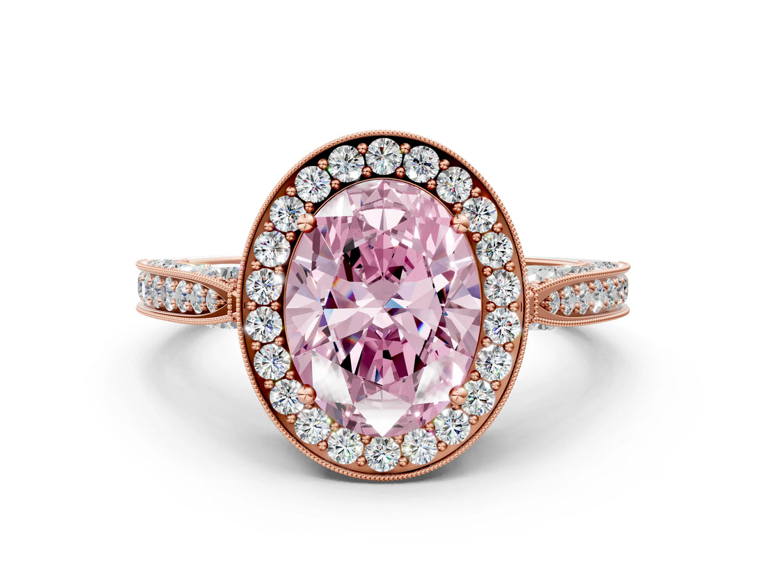 Rose gold Fancy Pink Oval Cut Halo Diamond Engagement Ring with Split Shank Band and Four-Prong Setting