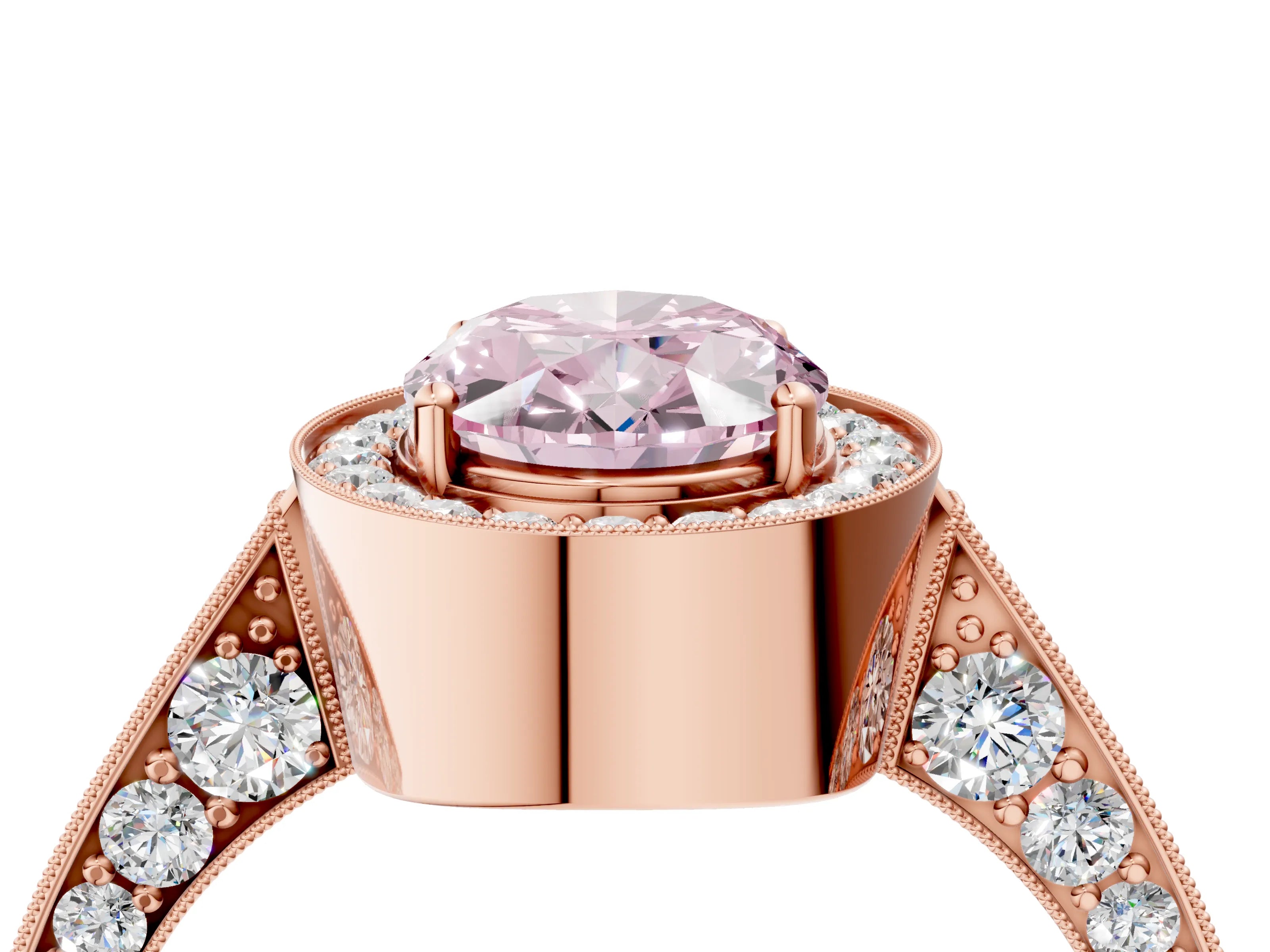Rose gold Fancy Pink Oval Cut Halo Diamond Engagement Ring with Split Shank Band and Four-Prong Setting_4