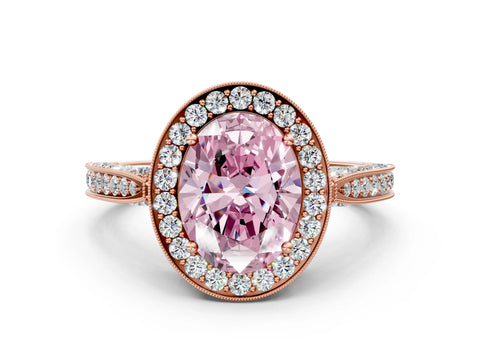 Rose gold Fancy Pink Oval Cut Halo Diamond Engagement Ring with Split Shank Band and Four-Prong Setting