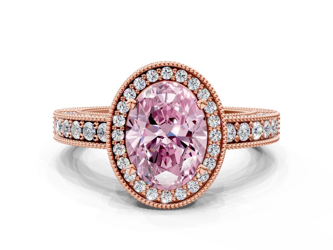 Rose gold Fancy Pink Oval  Cut Halo Diamond Pave Band Ring with Four-Prong Setting_25