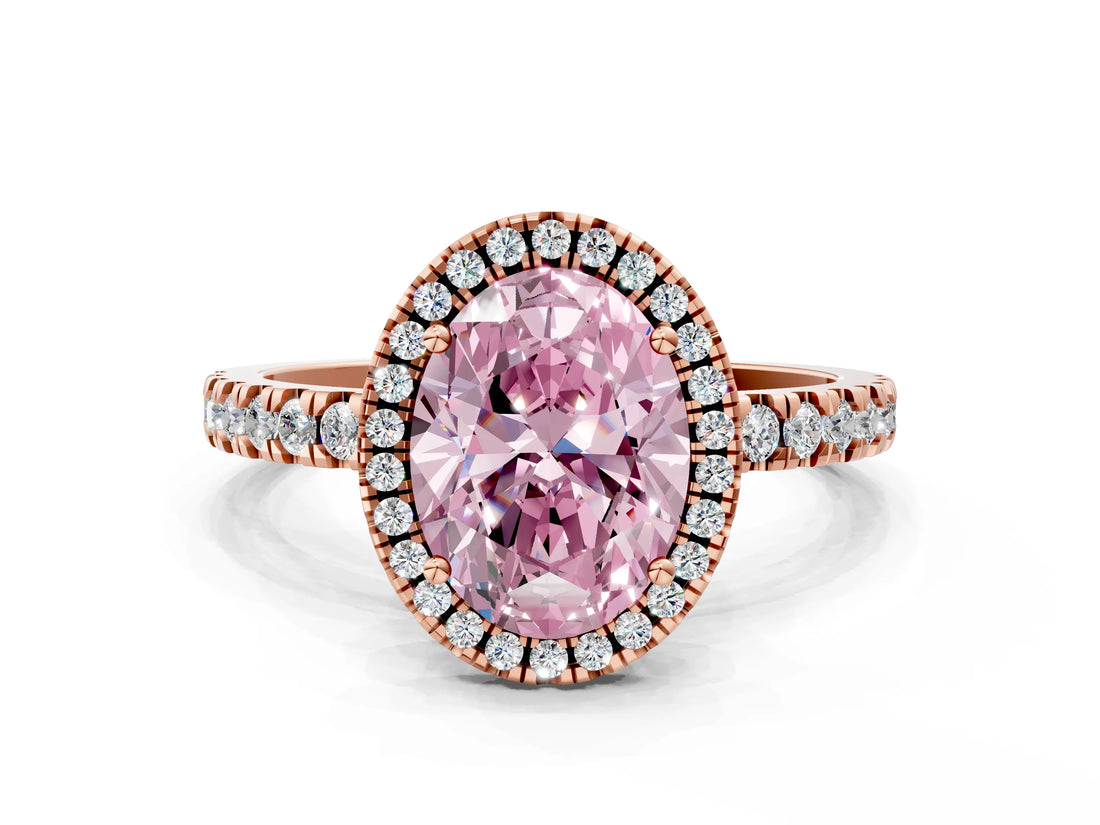 Rose gold Fancy Pink Oval Cut Halo Diamond Pave Band with Prong Setting