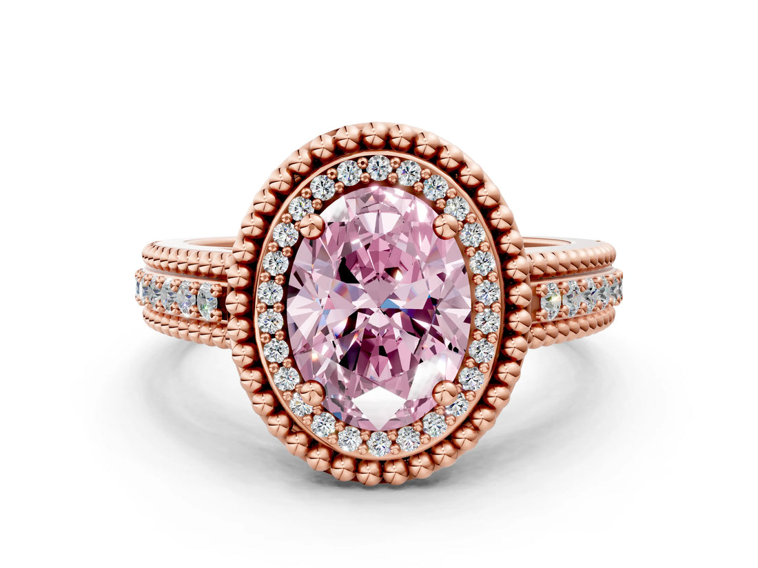 Rose gold Fancy Pink Oval Cut Halo Diamond Ring with Beaded Split Shank and Four-Prong Setting