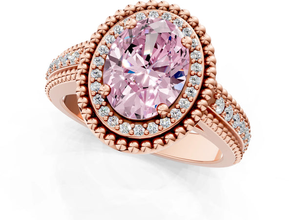 Rose Gold Oval Beaded Halo Engagement Ring Setting for Fancy Pink Center with Pave