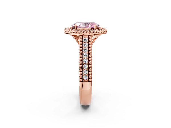 Rose Gold Oval Beaded Halo Engagement Ring Setting for Fancy Pink Center with Pave
