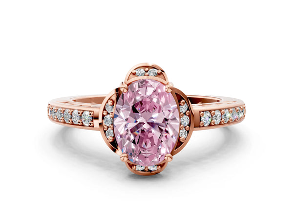 Rose gold Fancy Pink Oval  Cut Halo Diamond Ring with Channel Set Band and Four-Prong Setting