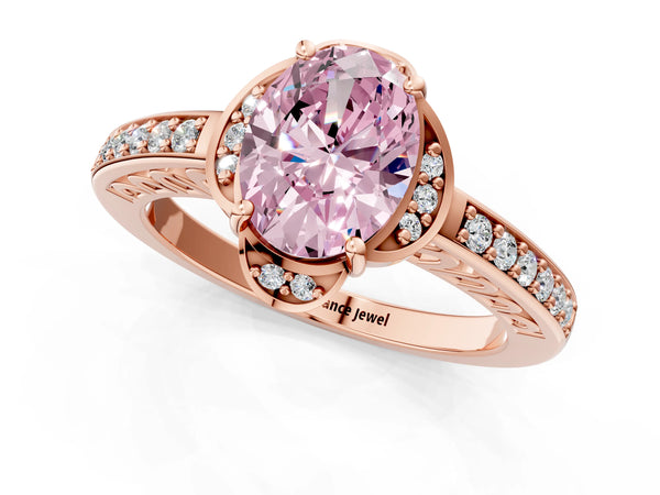 Rose gold Fancy Pink Oval  Cut Halo Diamond Ring with Channel Set Band and Four-Prong Setting