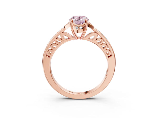 Rose gold Fancy Pink Oval  Cut Halo Diamond Ring with Channel Set Band and Four-Prong Setting