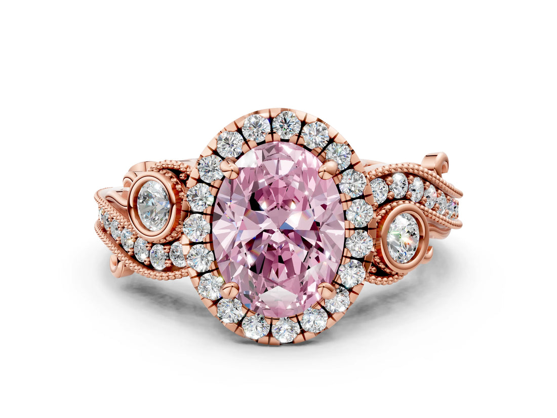 Rose gold Fancy Pink Oval Cut Halo Diamond Ring with Milgrain and Bezel Accents on a Split Shank Band_12