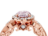 Rose gold Fancy Pink Oval Cut Halo Diamond Ring with Milgrain and Bezel Accents on a Split Shank Band_16