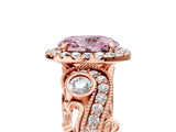 Rose gold Fancy Pink Oval Cut Halo Diamond Ring with Milgrain and Bezel Accents on a Split Shank Band_17